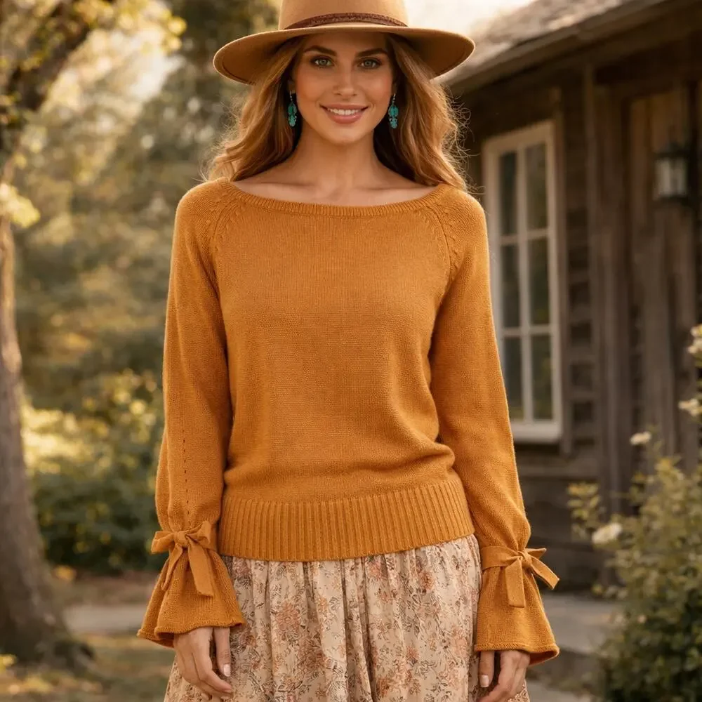Sundance SZ M Aryka Wool-Cotton Blend Sweater Bell Sleeves With Ties Gold